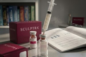 Sculptra PLLA bioestimulador Galderma — frasco, embalagem e seringa em ambiente clínico com publicação científica ao fundo — AGR Medical